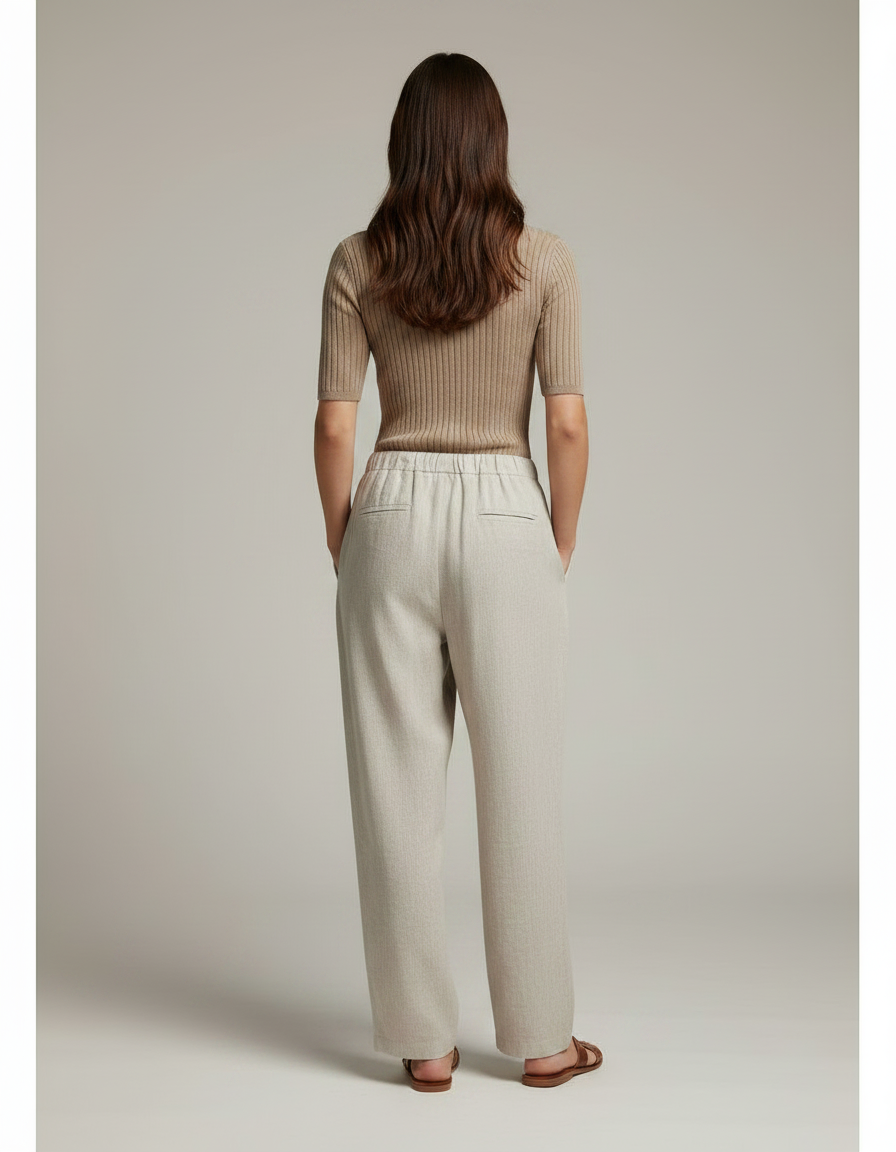 Pantalon Chino Écru Ample Cordon Lin Femme - Beige - vue 2
