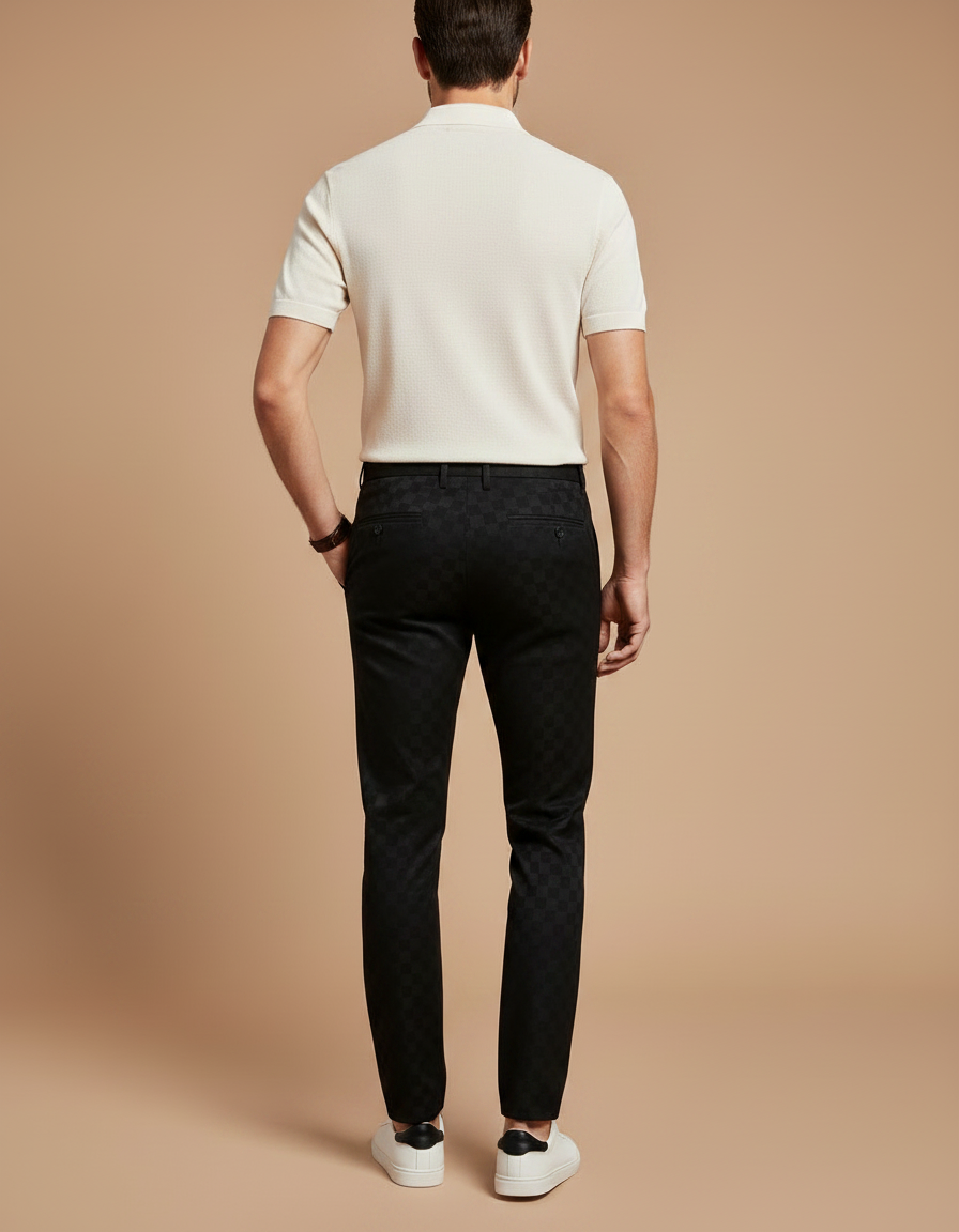 Pantalon Chino Noir Carreaux Slim Élégant Homme - Polyester - vue 2