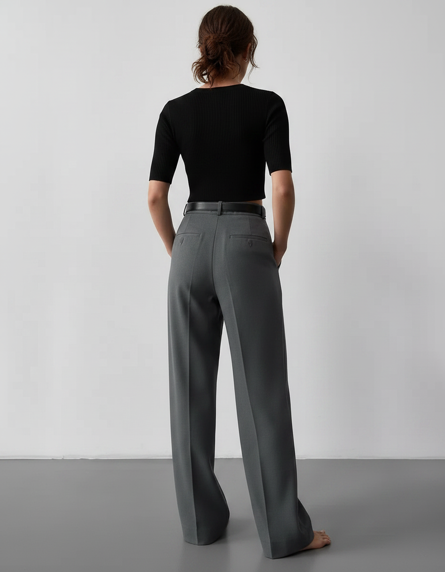 Pantalon Chino Gris Plissé Ample Élégant Femme - Gabardine - vue 2