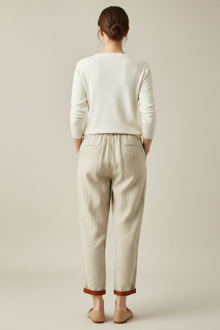 Pantalon Chino Beige Ample Coton Lin Décontracté - vue 2