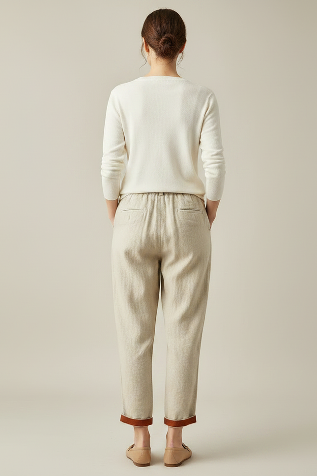 Pantalon Chino Beige Ample Coton Lin Décontracté - vue 2