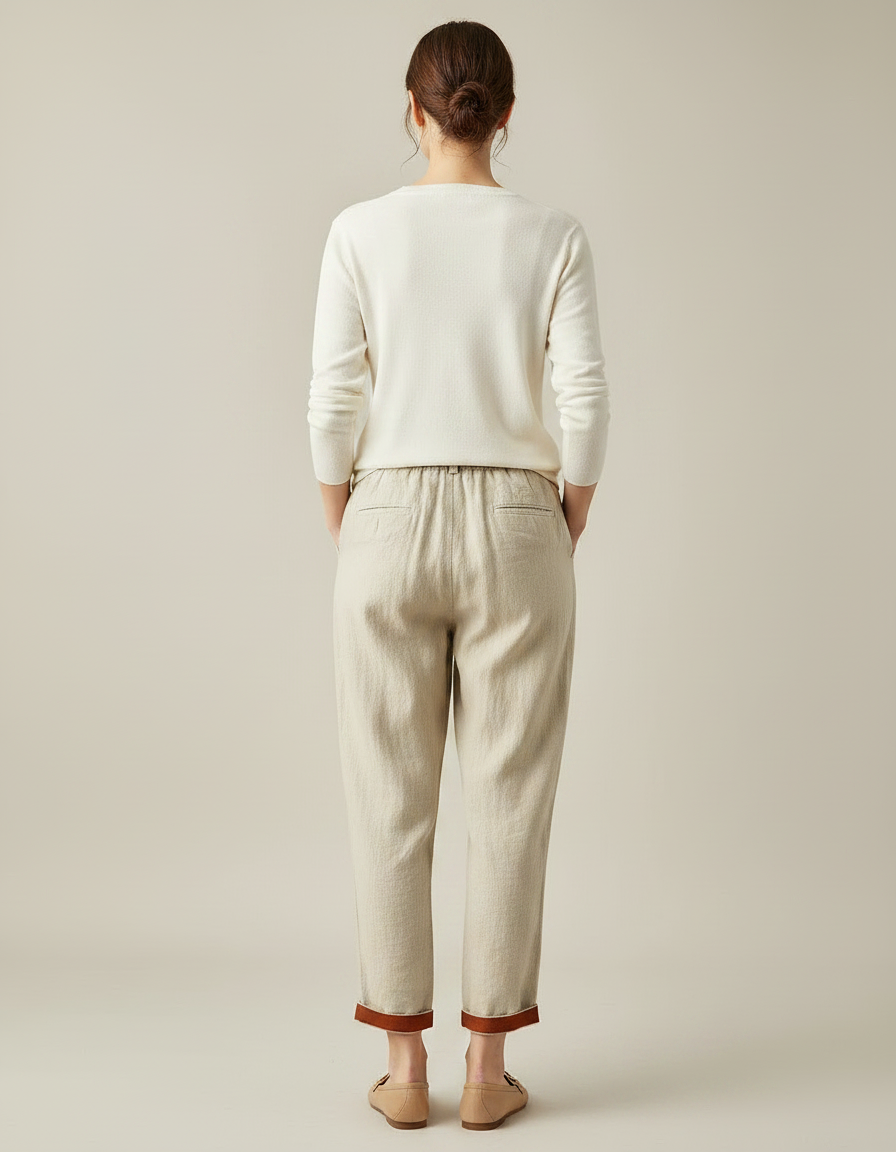 Pantalon Chino Beige Ample Coton Lin Décontracté - vue 2
