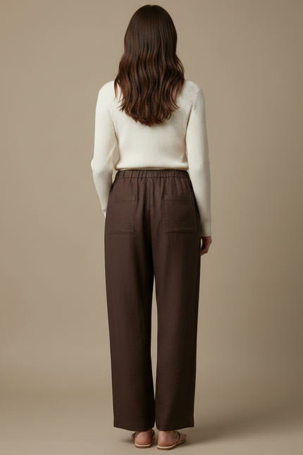 Pantalon Chino Marron Lin Ample Cordon Décontracté - vue 2