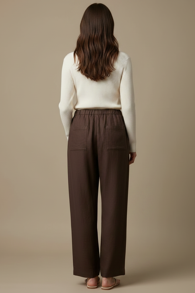 Pantalon Chino Marron Lin Ample Cordon Décontracté - vue 2
