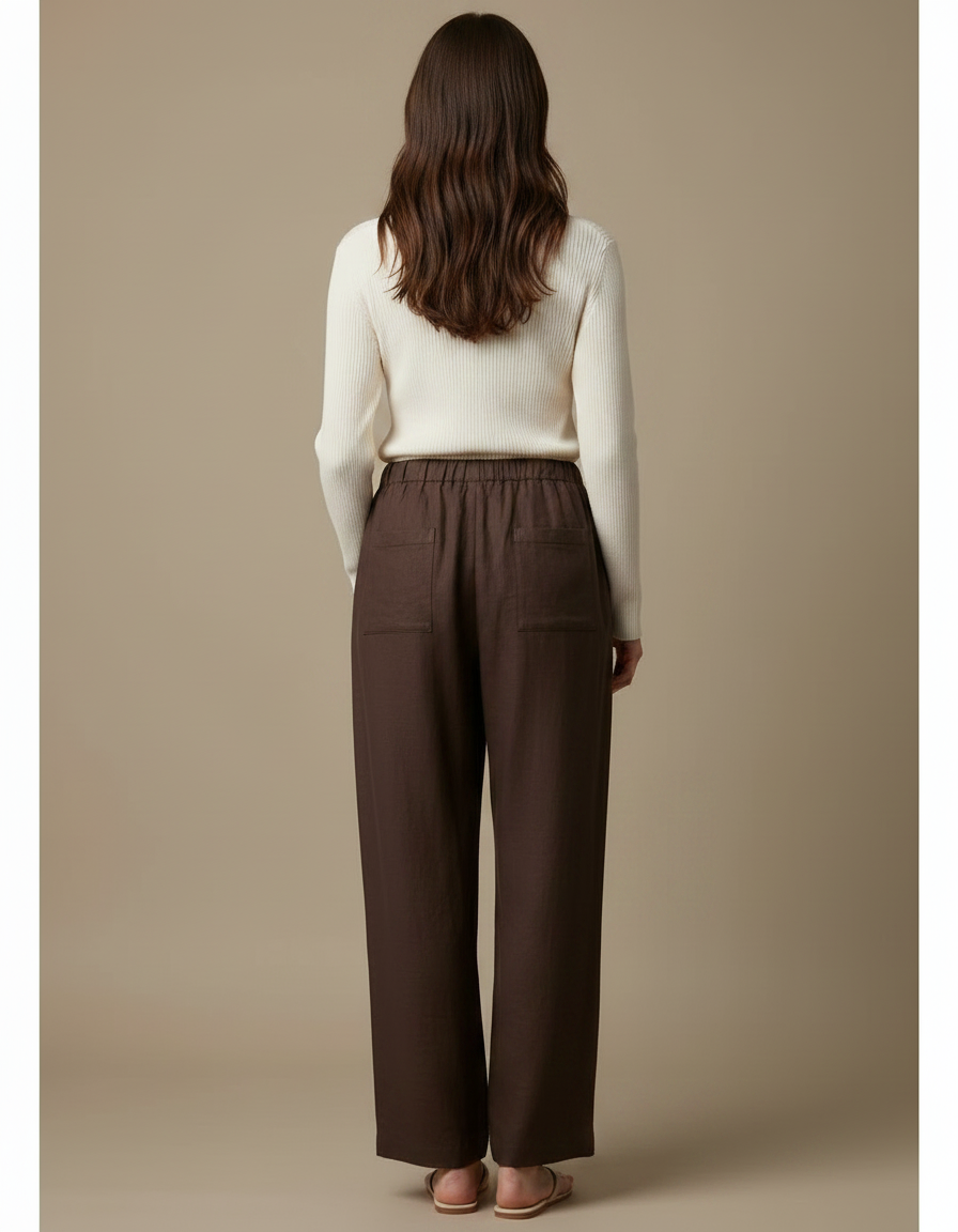 Pantalon Chino Marron Lin Ample Cordon Décontracté - vue 2