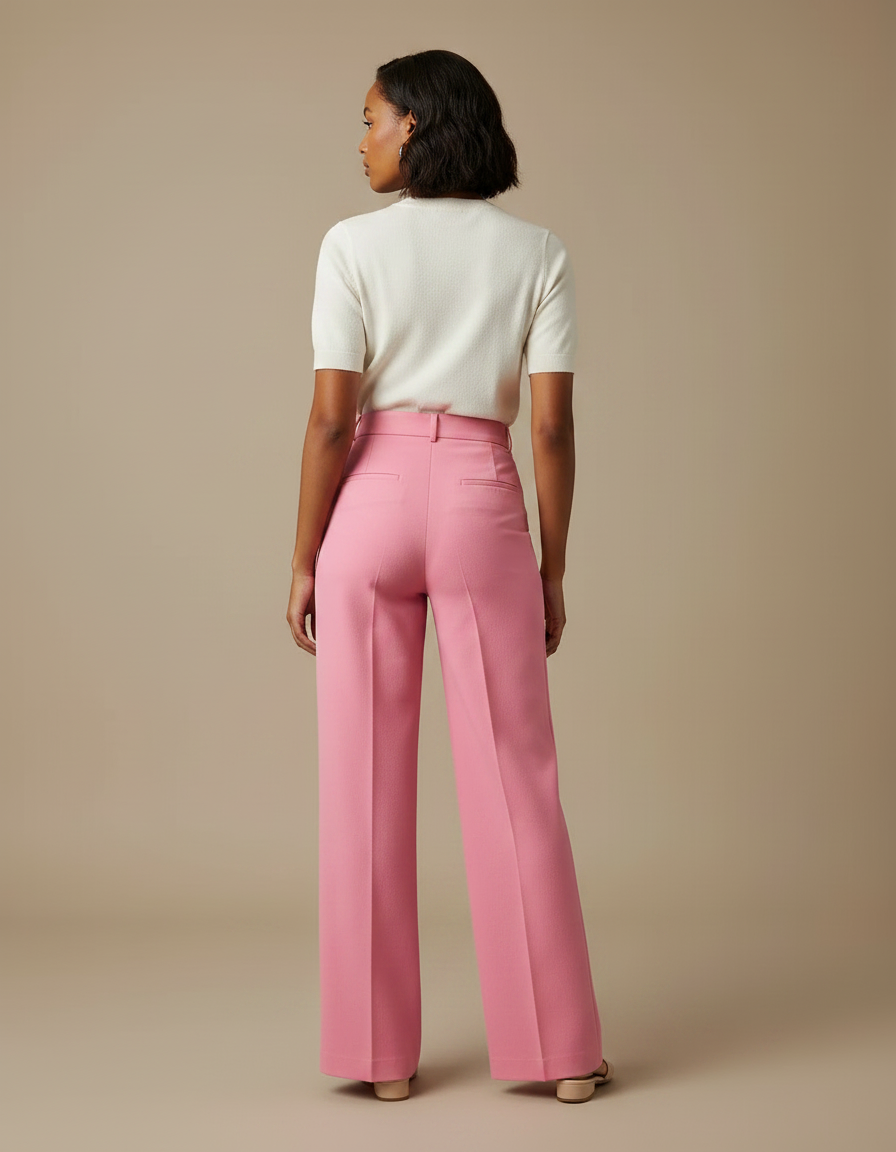 Pantalon Chino Rose Vif Taille Haute Ample Élégant - Gabardine - vue 2