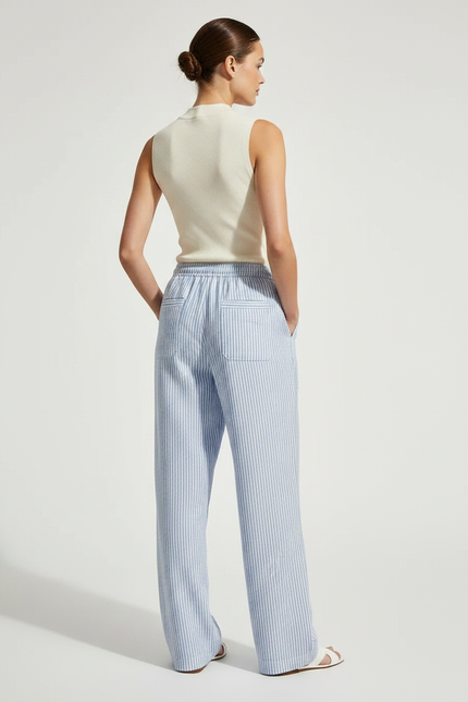 Pantalon Chino Rayé Bleu Clair Ample Décontracté Femme - Lin - vue 2