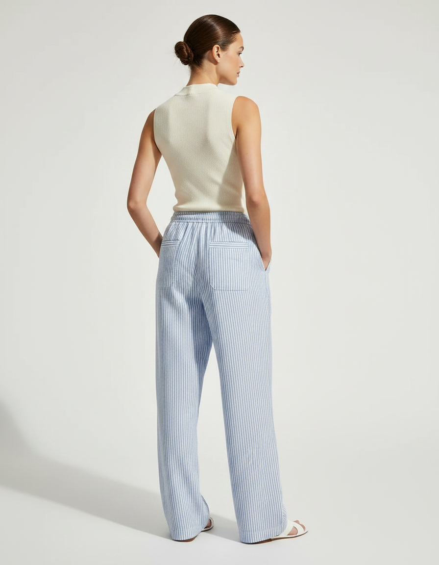 Pantalon Chino Rayé Bleu Clair Ample Décontracté Femme - Lin - vue 2