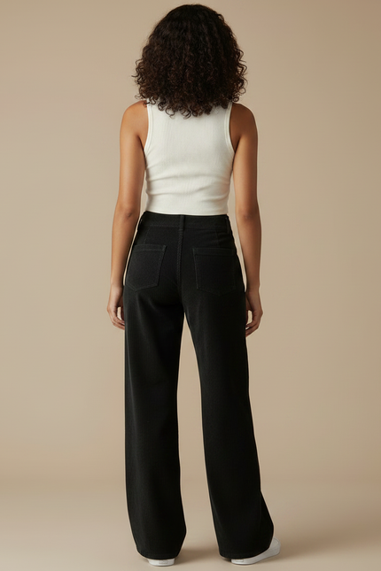 Pantalon Chino Noir Côtelé Ample Femme Décontracté - Cordé - vue 2