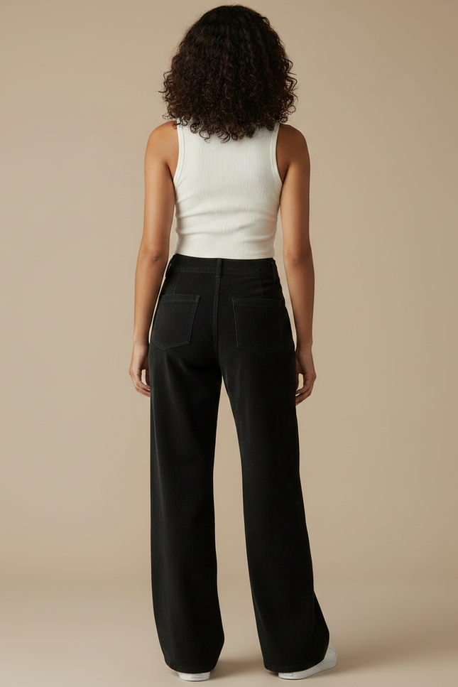 Pantalon Chino Noir Côtelé Ample Femme Décontracté - Cordé - vue 2