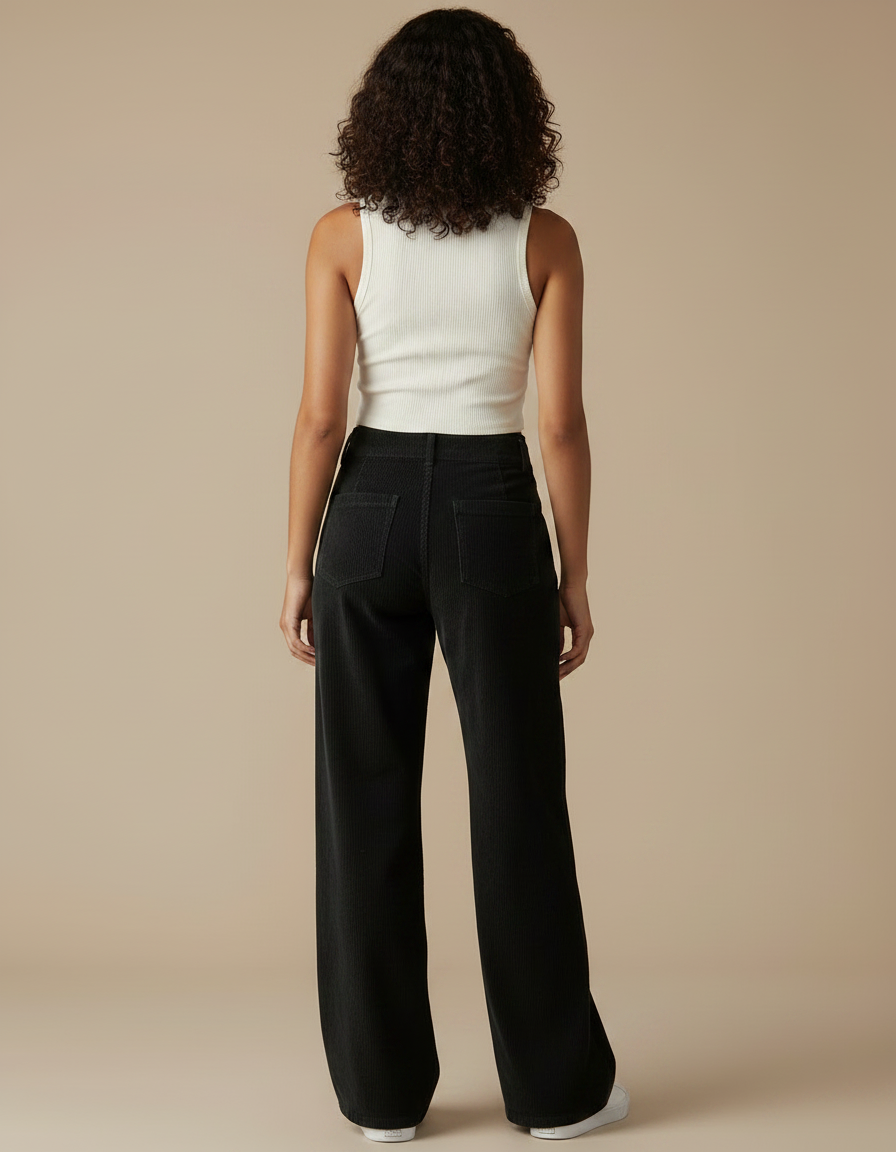 Pantalon Chino Noir Côtelé Ample Femme Décontracté - Cordé - vue 2