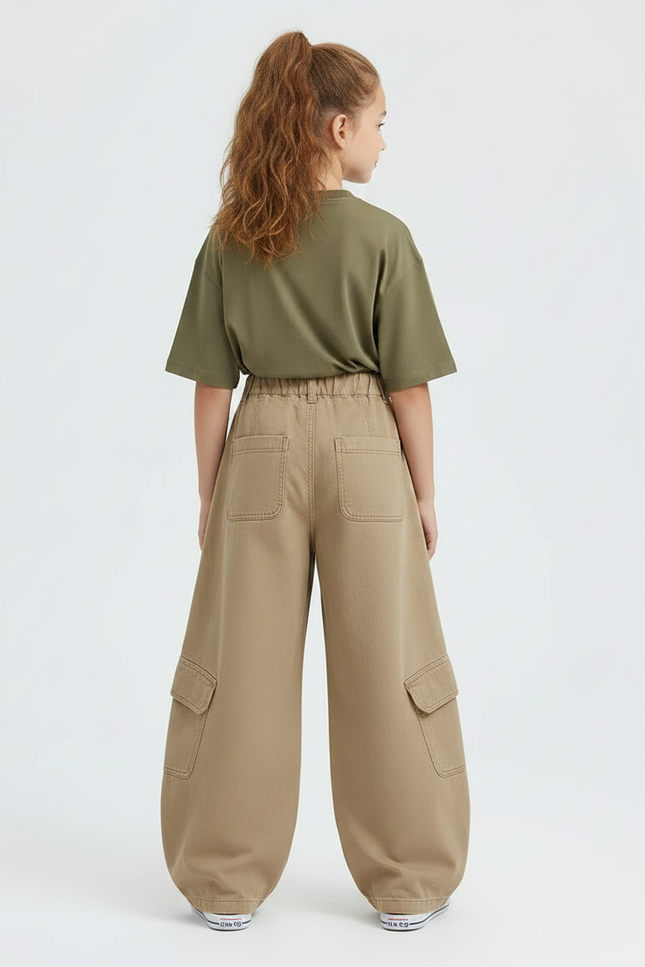 Pantalon Chino Kaki Ample Cargo Enfant Poches - Coton - vue 2