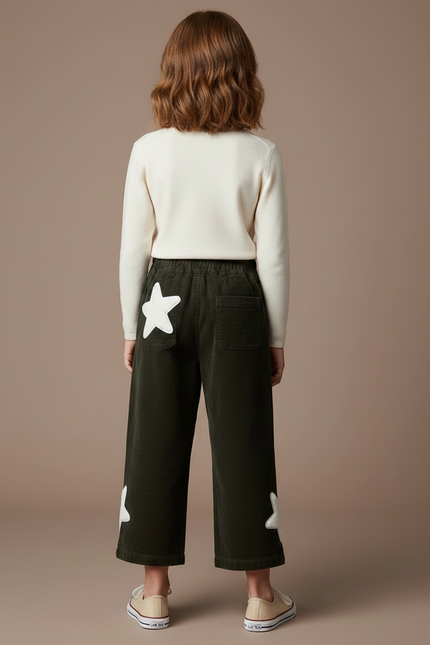 Pantalon Chino Vert Côtelé Étoiles Blanches Ample - Cordé - vue 2