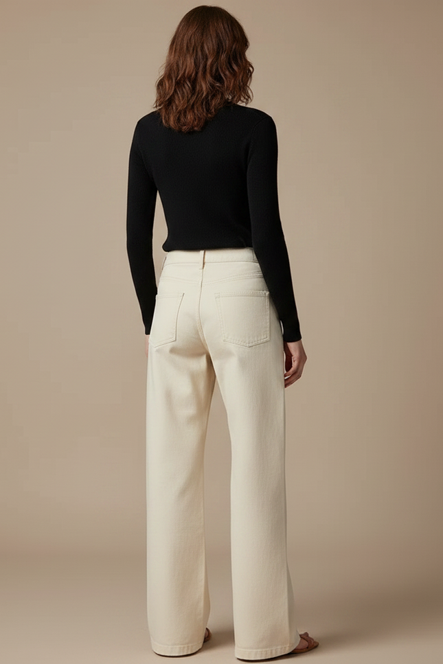 Pantalon Chino Écru Ample Taille Haute Femme - Beige Gabardine - vue 2