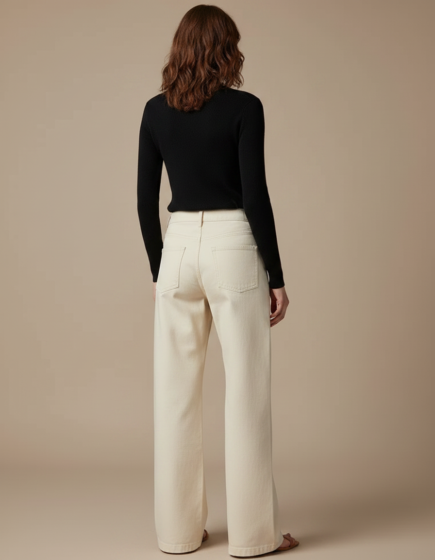 Pantalon Chino Écru Ample Taille Haute Femme - Beige Gabardine - vue 2