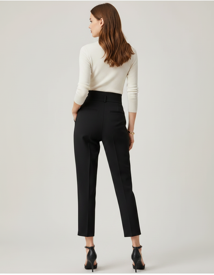 Pantalon Chino Noir Taille Haute Ample Boutons Dorés - Gabardine - vue 2