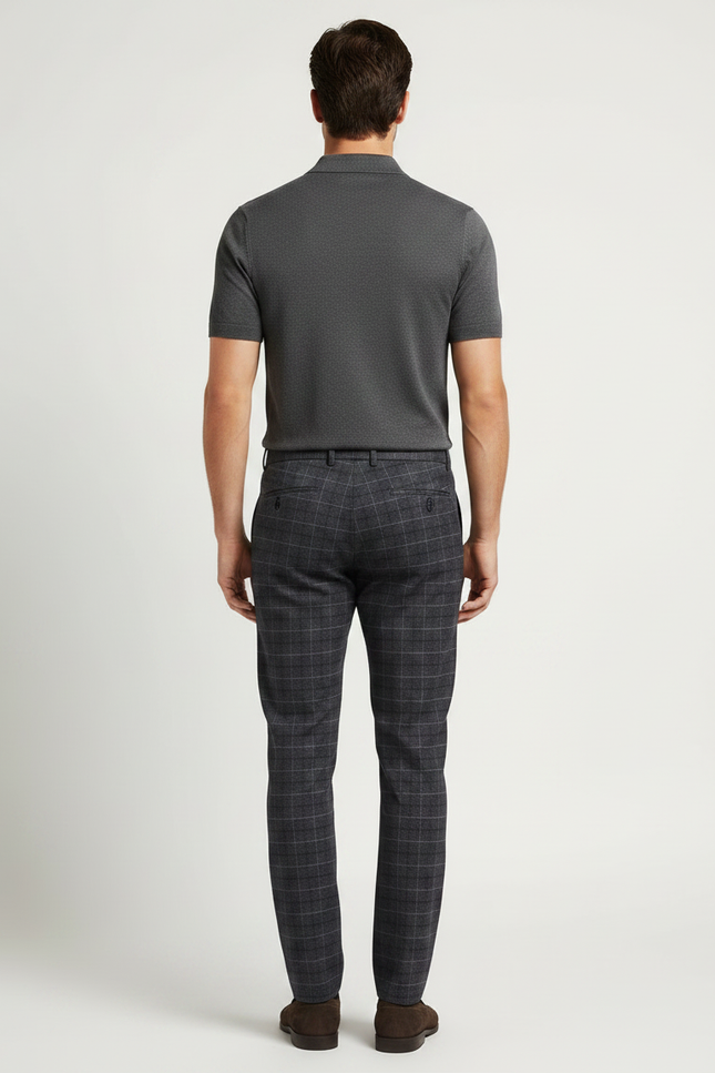 Pantalon Chino Carreaux Homme Slim Gris Élégant Moderne - Laine - vue 2