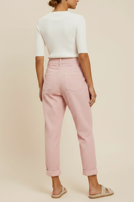 Pantalon Chino Rose Velours Côtelé Plissé Droit Femme - Cordé - vue 2