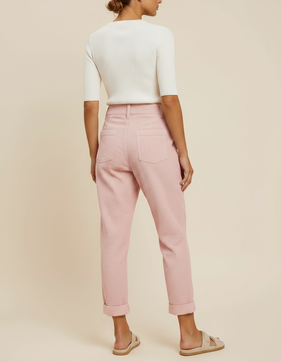 Pantalon Chino Rose Velours Côtelé Plissé Droit Femme - Cordé - vue 2