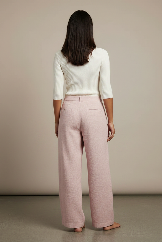Pantalon Chino Rose Ample Lin Droit Décontracté Femme - vue 2