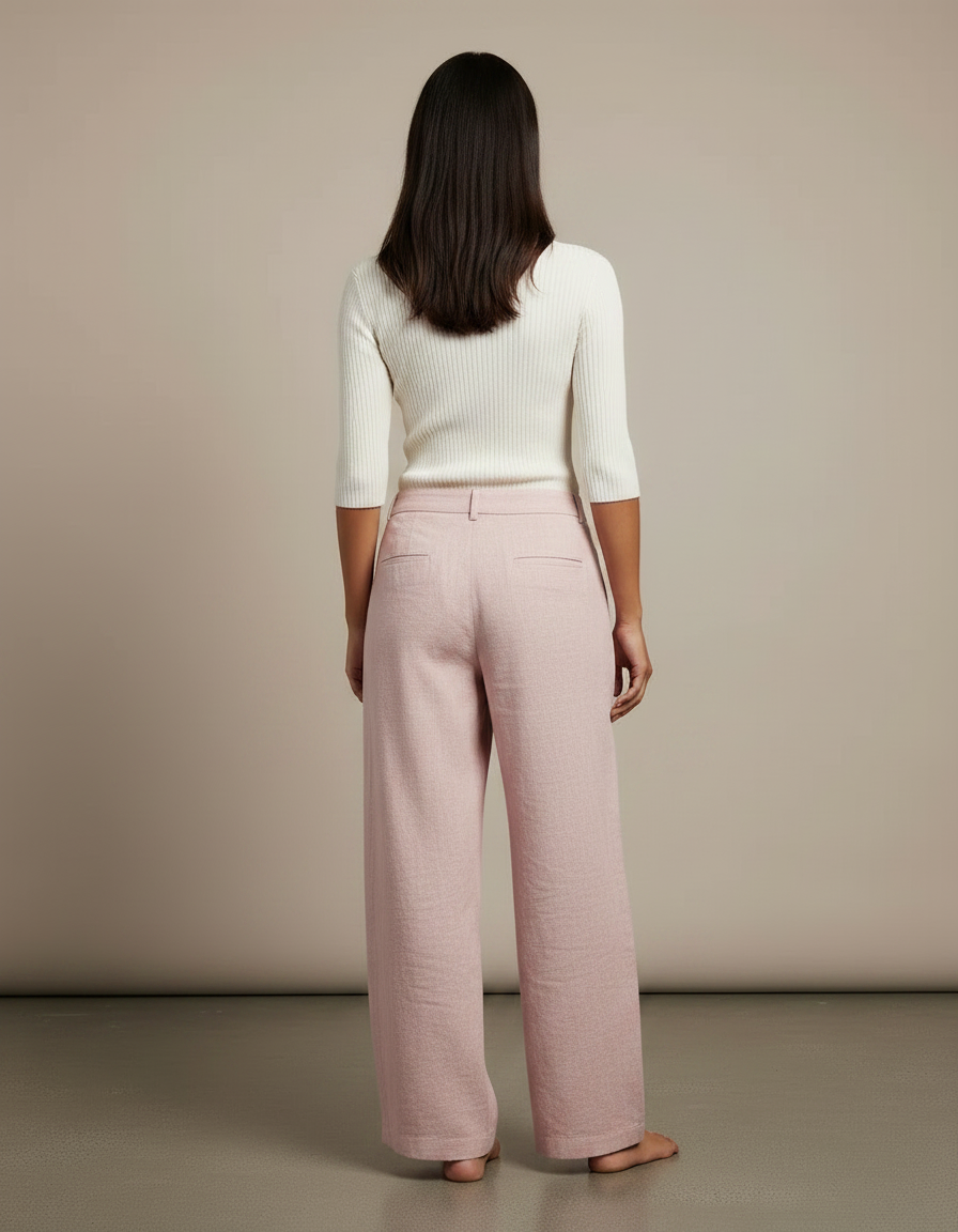 Pantalon Chino Rose Ample Lin Droit Décontracté Femme - vue 2