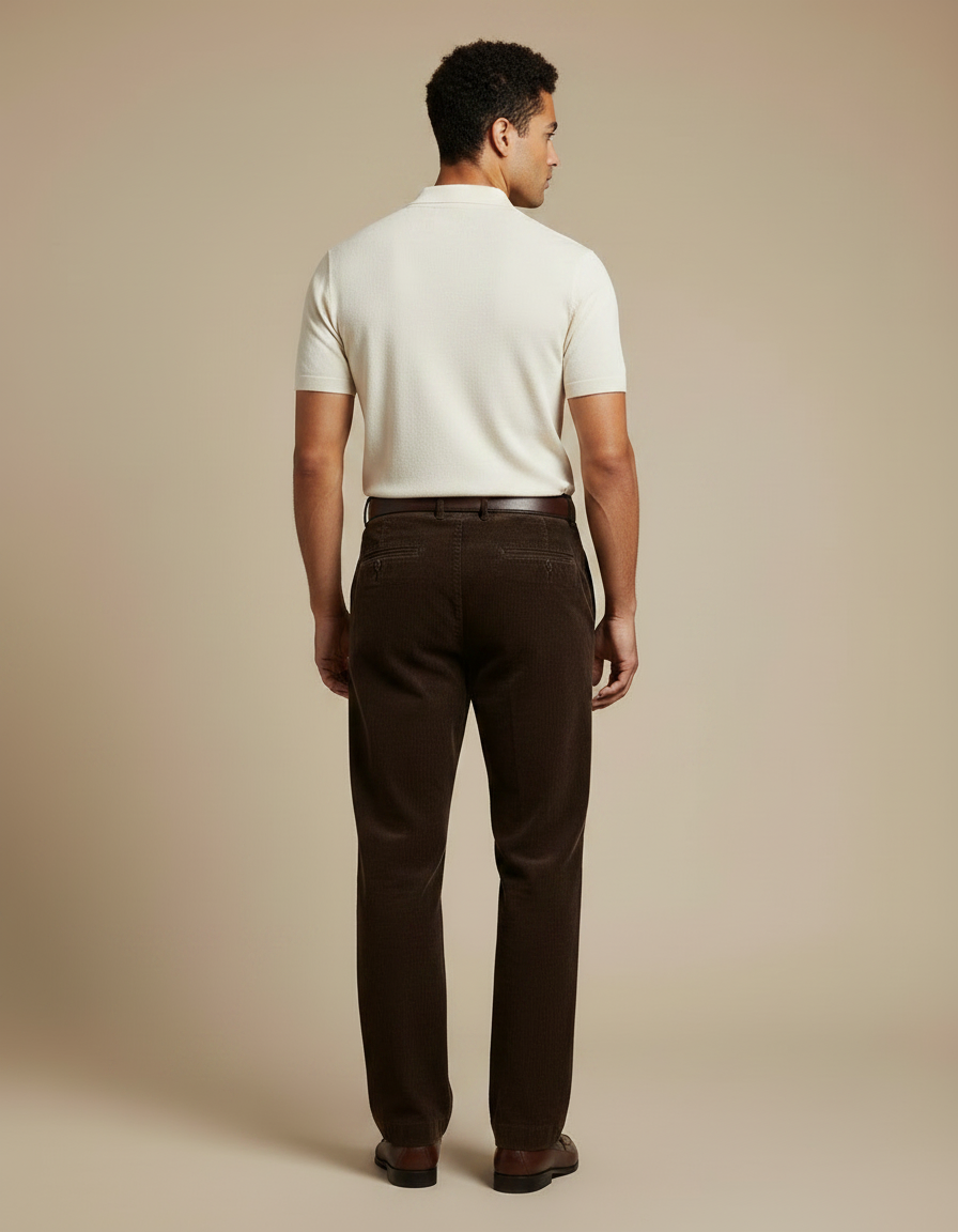 Pantalon Chino Velours Côtelé Marron Ample Plissé Homme - Cordé - vue 2