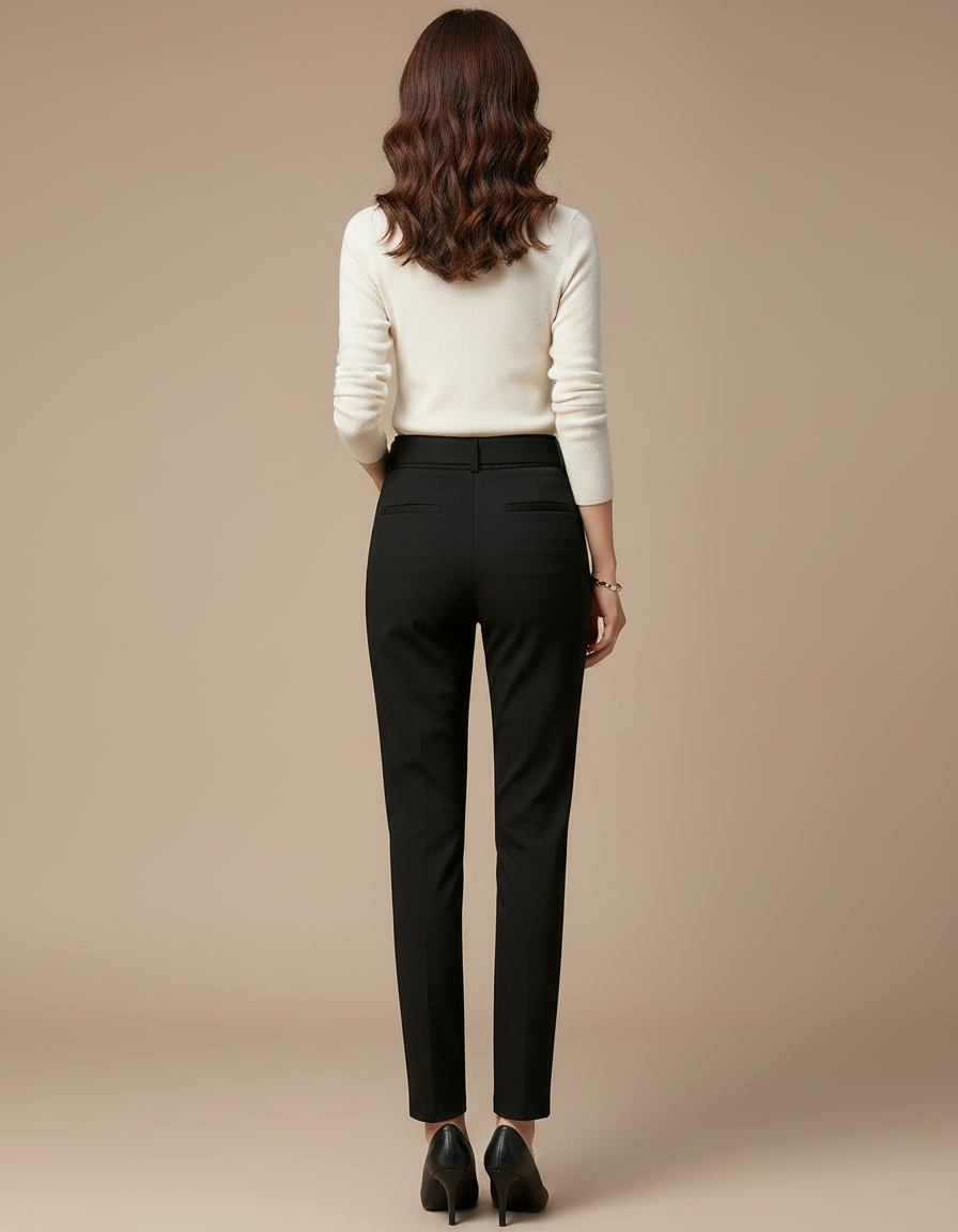 Pantalon Chino Noir Taille Haute Slim Élastique Élégant - Polyester - vue 2