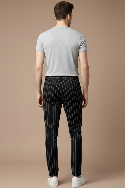 Pantalon Chino Noir Rayé Slim Coton Élégant Homme - vue 2