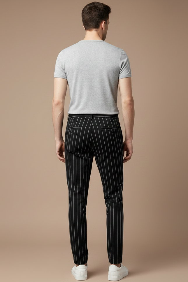 Pantalon Chino Noir Rayé Slim Coton Élégant Homme - vue 2