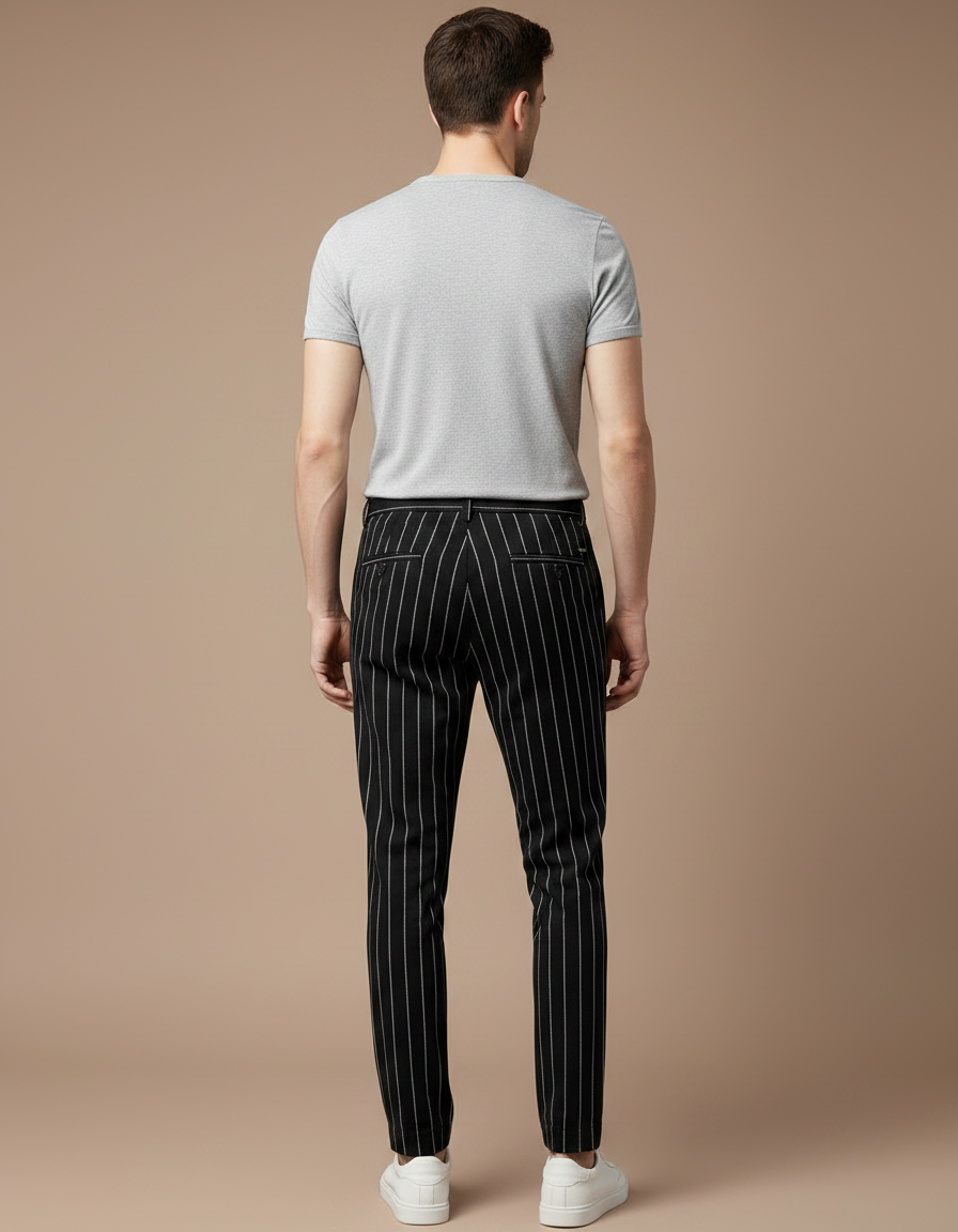 Pantalon Chino Noir Rayé Slim Coton Élégant Homme - vue 2