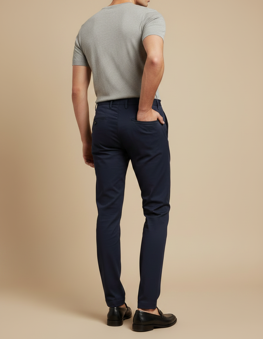 Pantalon Chino Homme Bleu Marine Ajusté Coton Élégant - vue 2