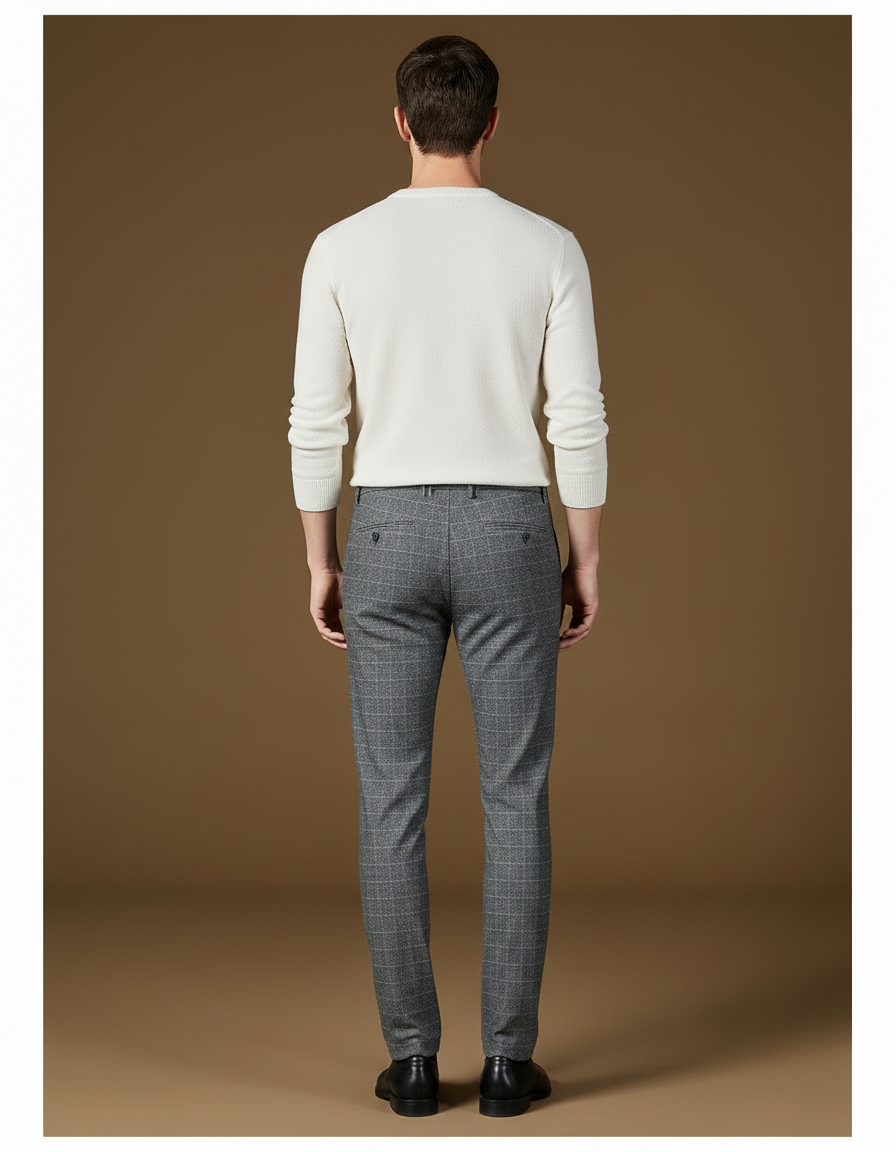 Pantalon Chino Homme Carreaux Gris Droit Élégant - Laine - vue 2