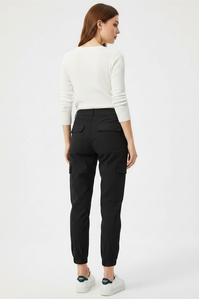 Pantalon Chino Noir Cargo Taille Haute Femme - Gabardine - vue 2