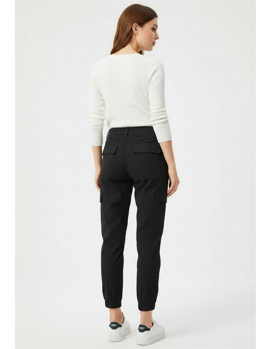 Pantalon Chino Noir Cargo Taille Haute Femme - Gabardine - vue 2