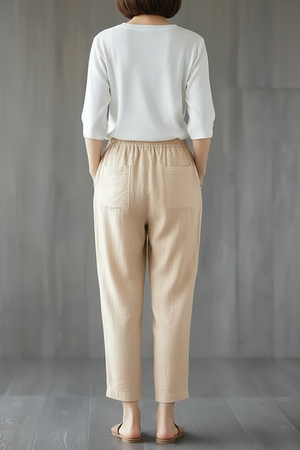 Pantalon Chino Beige Lin Ample Décontracté Fluide - vue 2