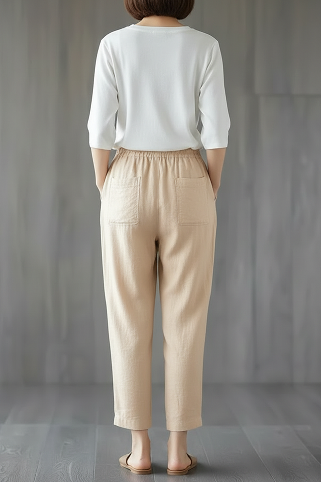 Pantalon Chino Beige Lin Ample Décontracté Fluide - vue 2