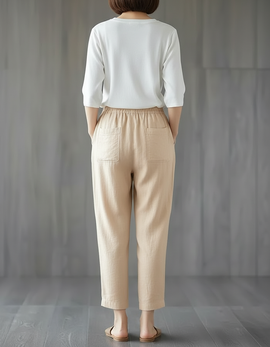 Pantalon Chino Beige Lin Ample Décontracté Fluide - vue 2
