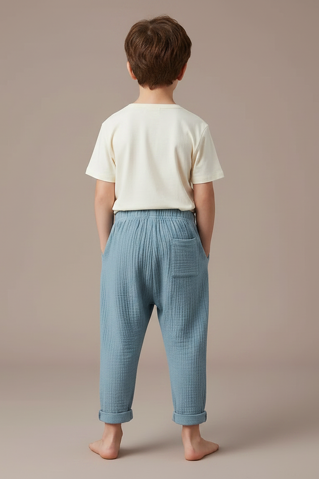 Pantalon Chino Bleu Coton Plissé Ample Enfant - vue 2