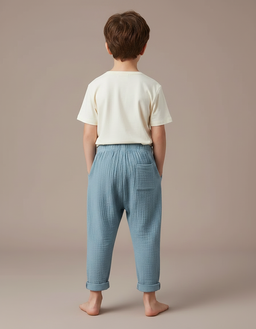 Pantalon Chino Bleu Coton Plissé Ample Enfant - vue 2