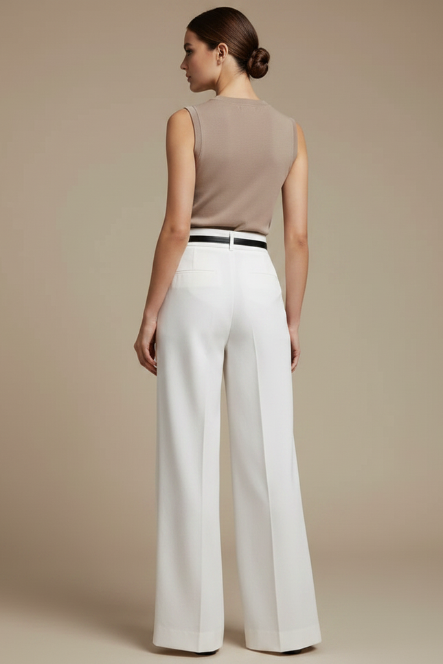 Pantalon Chino Blanc Ample Plissé Fendu Femme - Gabardine - vue 2