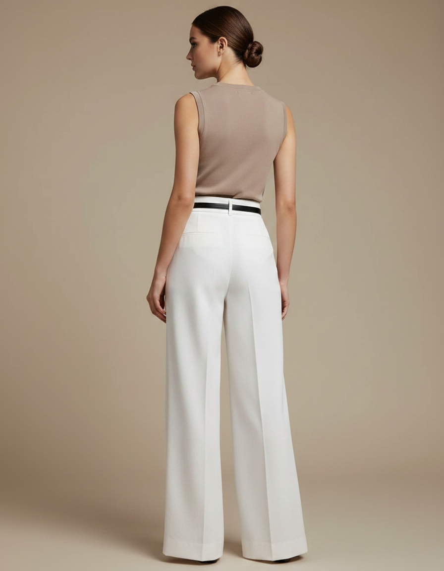 Pantalon Chino Blanc Ample Plissé Fendu Femme - Gabardine - vue 2