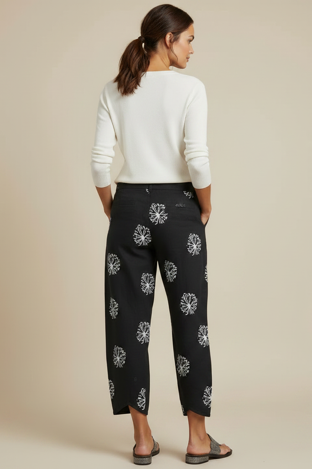 Pantalon Chino Noir Imprimé Blanc Ample Femme - Lin - vue 2