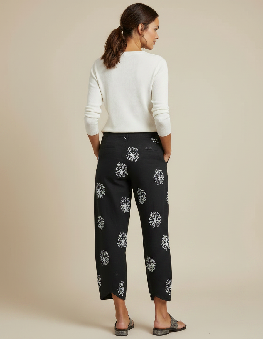 Pantalon Chino Noir Imprimé Blanc Ample Femme - Lin - vue 2