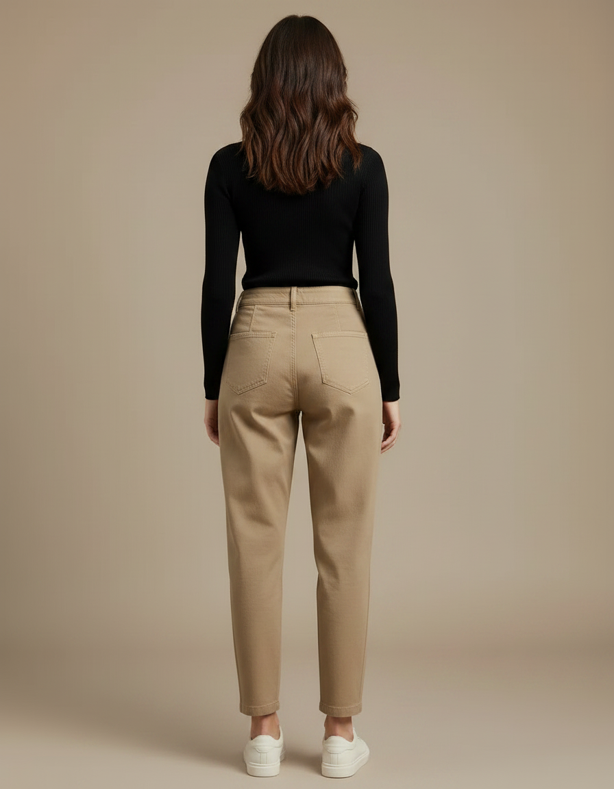 Pantalon Chino Beige Plissé Taille Haute Femme Décontracté - Gabardine - vue 2