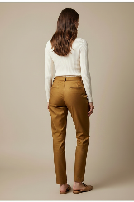 Pantalon Chino Marron Droit Taille Haute Élégant Femme - Camel Gabardine - vue 2