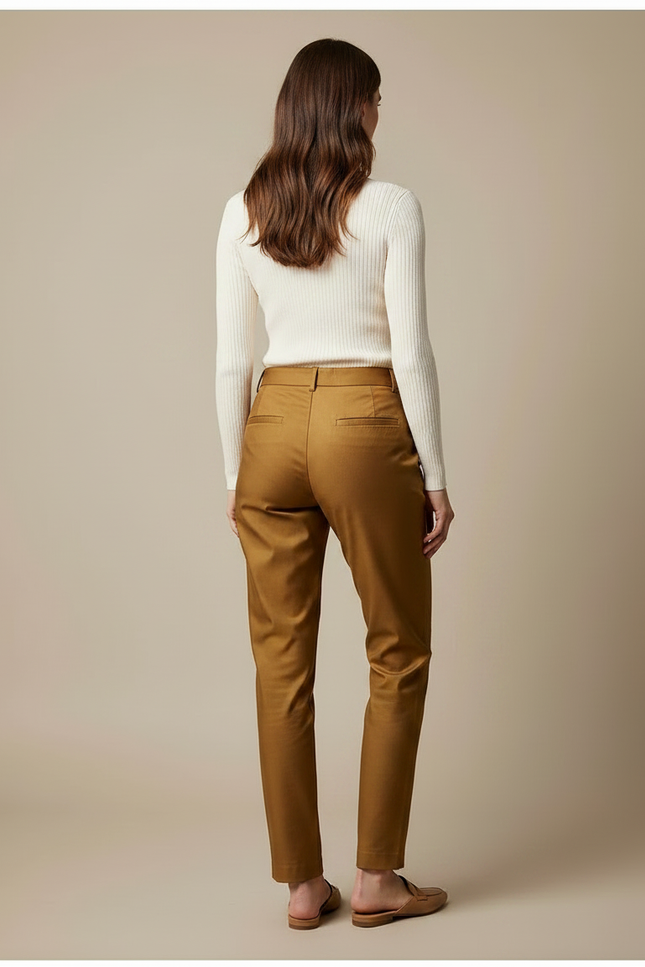 Pantalon Chino Marron Droit Taille Haute Élégant Femme - Camel Gabardine - vue 2