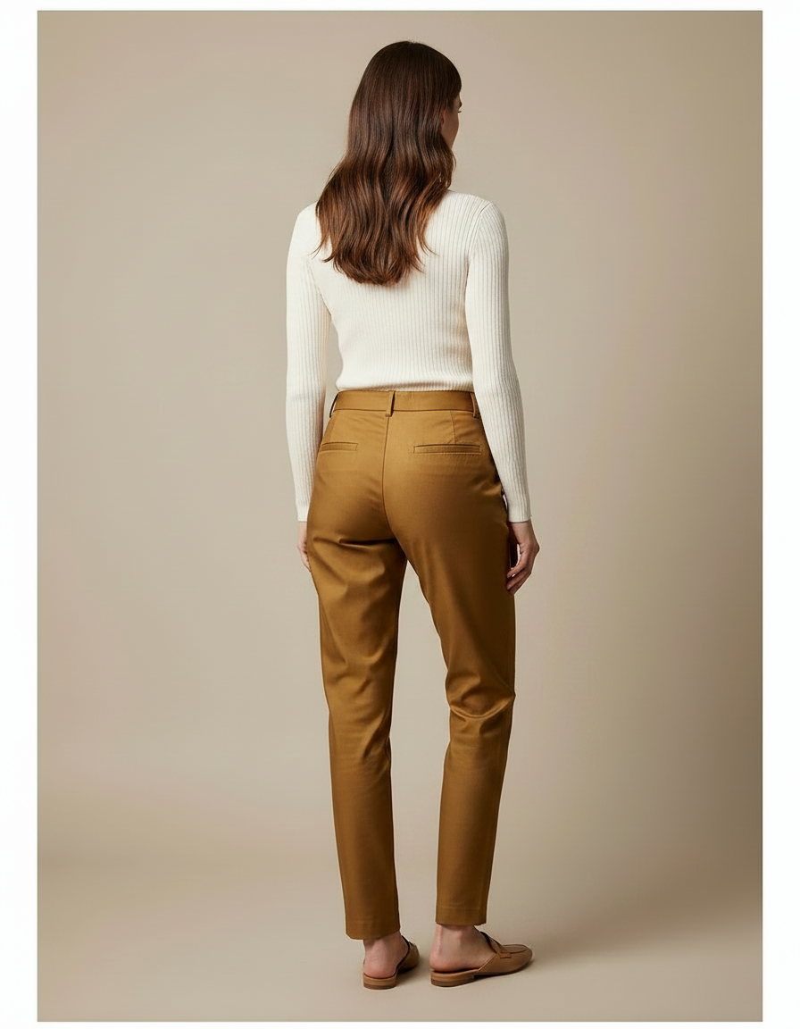 Pantalon Chino Marron Droit Taille Haute Élégant Femme - Camel Gabardine - vue 2