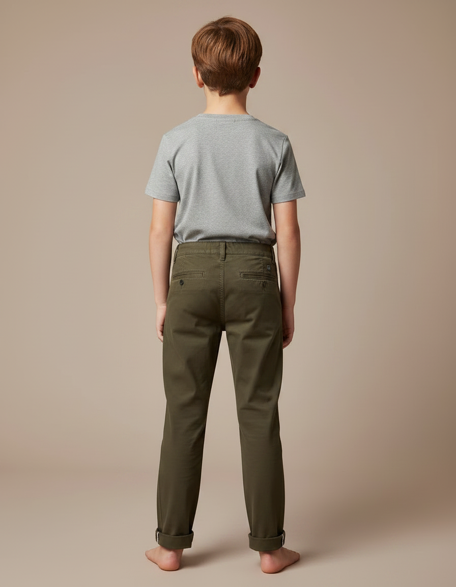 Pantalon Chino Vert Olive Coton Droit Décontracté Enfant - Kaki - vue 2