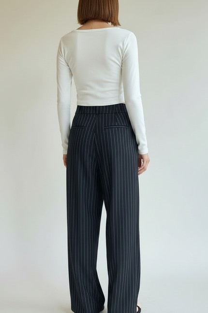 Pantalon Chino Noir Rayé Ample Fluide Élégant - Polyester - vue 2