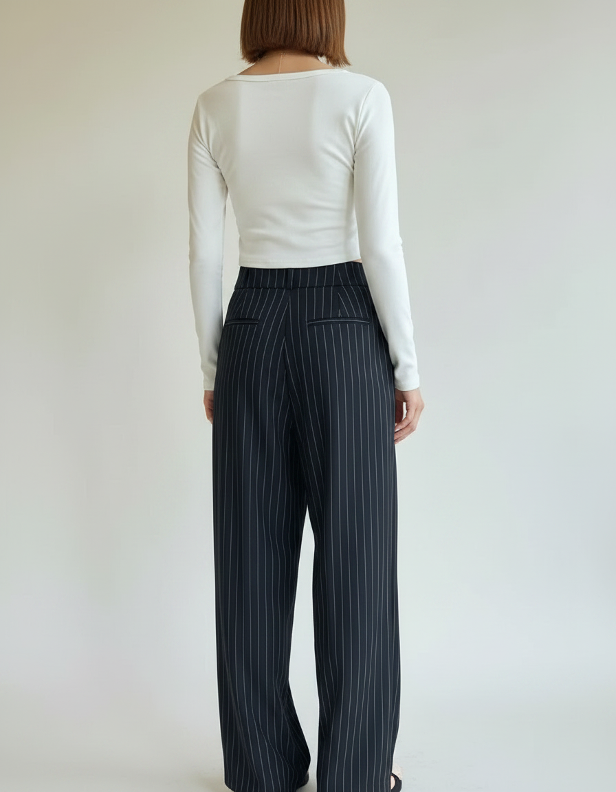 Pantalon Chino Noir Rayé Ample Fluide Élégant - Polyester - vue 2